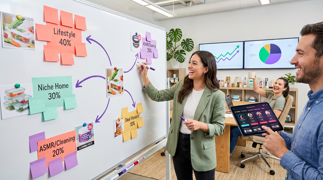 Brand team collaborating on a TikTok Shop influencer strategy whiteboard with creator mix percentages and growth analytics