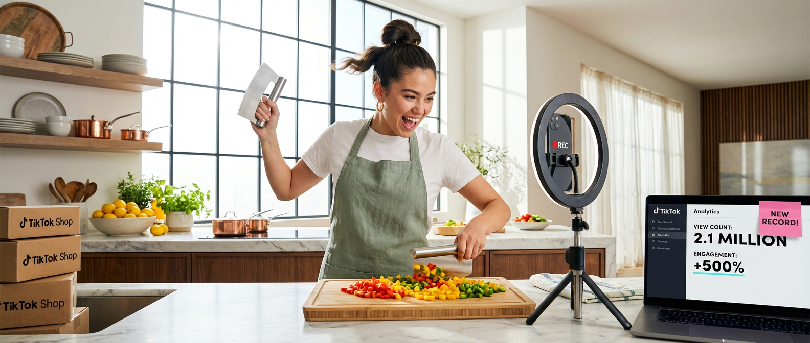 Creator confidently demonstrating a kitchen gadget on TikTok with viral analytics showing on a nearby laptop screen