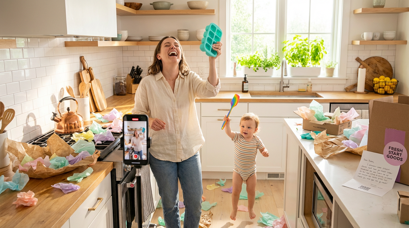 Mom lifestyle creator excitedly unboxing a TikTok Shop product seeding package of kitchen gadgets in her home
