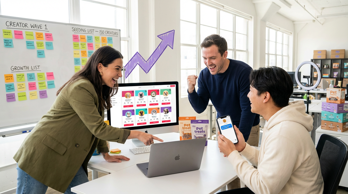 Marketing team excitedly reviewing TikTok Shop creator scoring framework with high-scoring creator profiles on screen