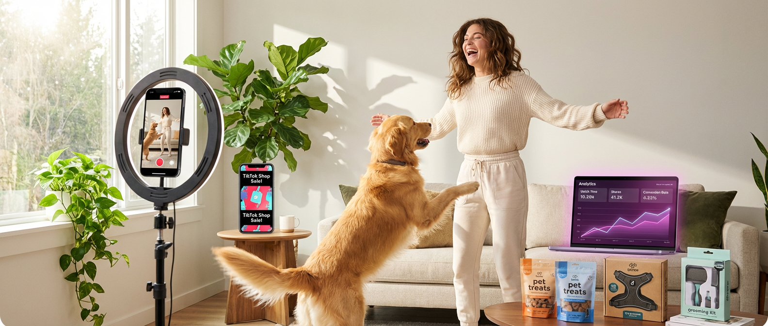 Creator filming TikTok video with golden retriever in sunlit living room with analytics dashboard showing high engagement metrics