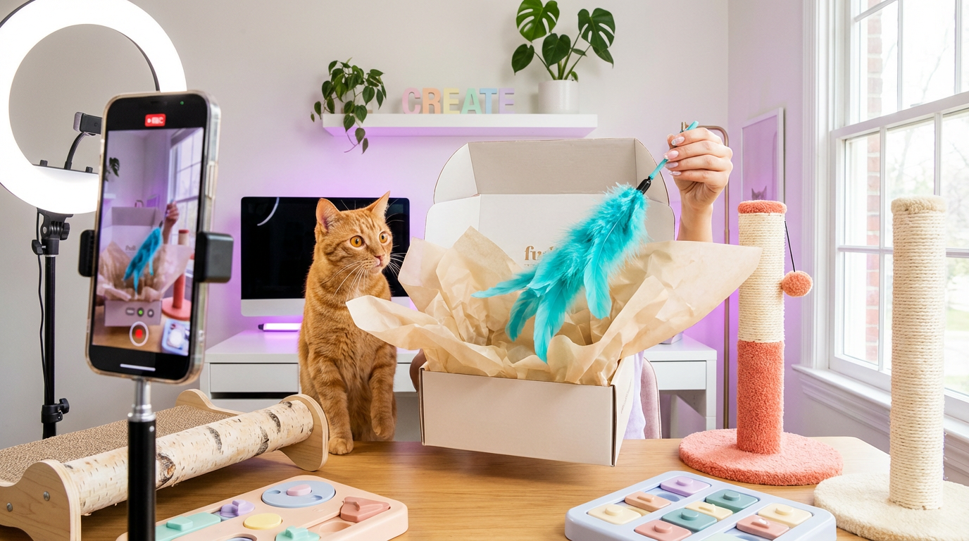 Creator unboxing cat accessory products for TikTok Shop content with ring light setup and curious cat in stylish studio environment