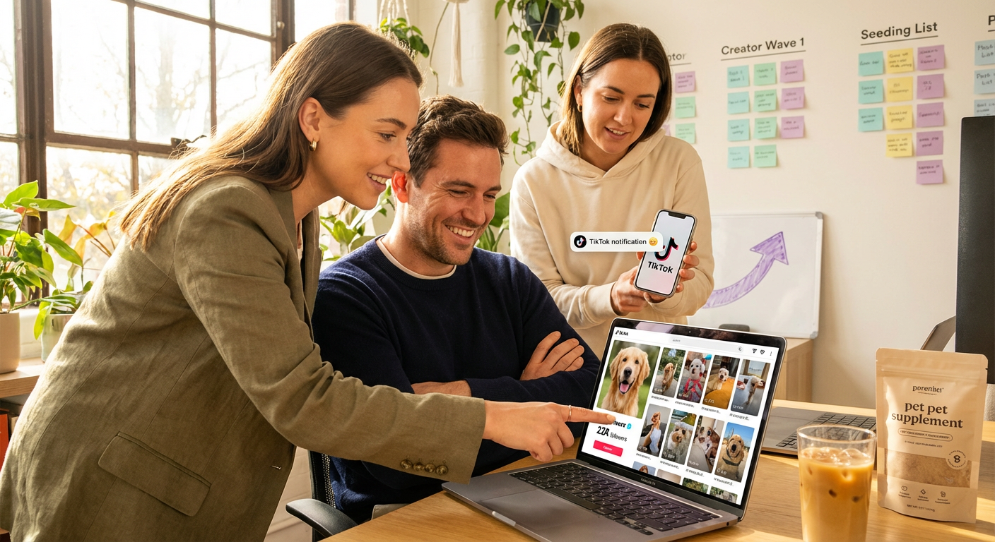 Pet brand team excitedly reviewing TikTok Shop creator profiles and planning influencer seeding campaign on laptop