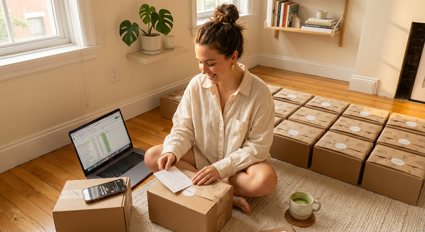 Brand coordinator happily preparing TikTok Shop product seeding packages for creator partnerships with laptop showing outreach tracker