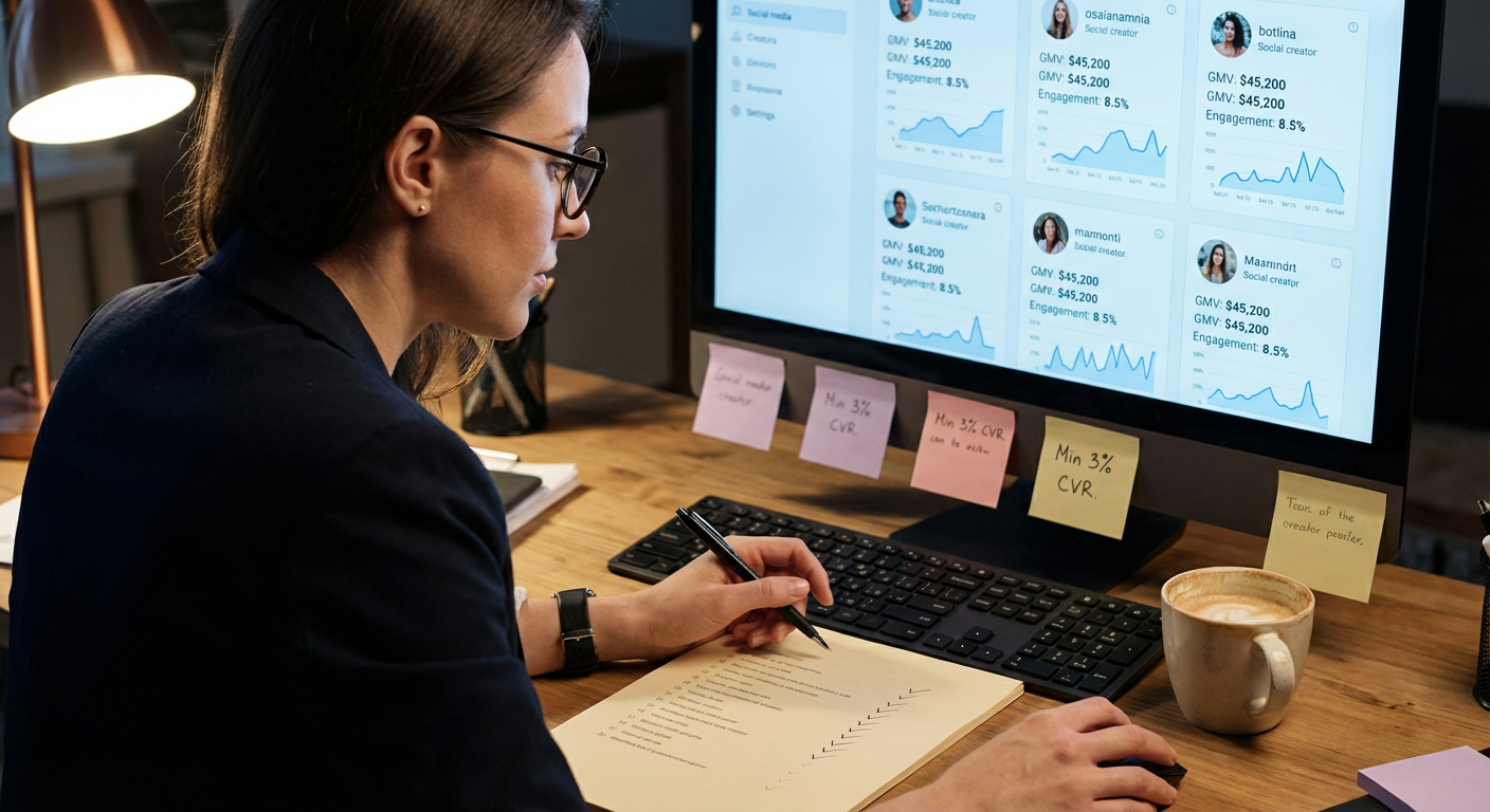 Team members preparing TikTok Shop creator seeding packages in organized warehouse with repeat purchase dashboard on screen