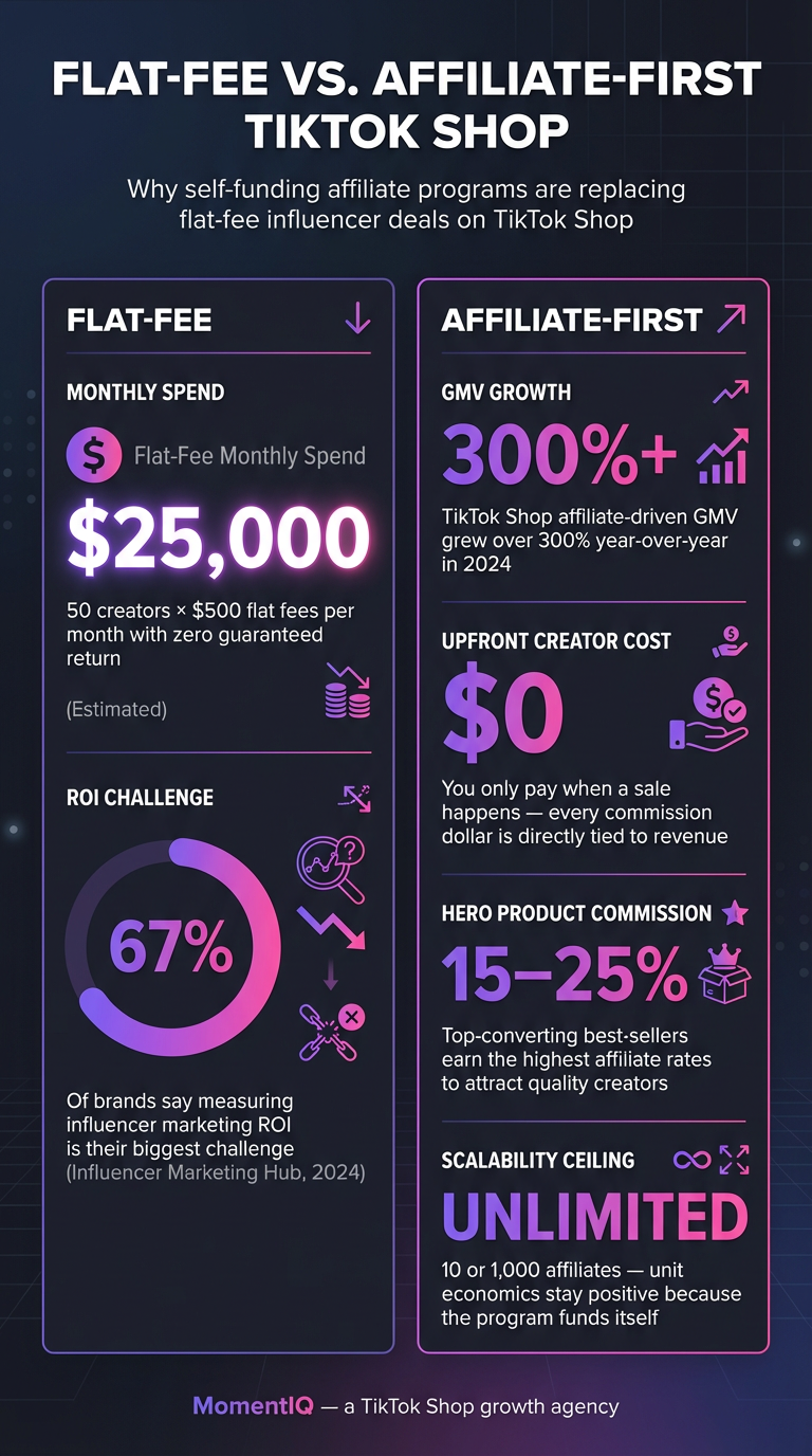 Infographic comparing flat-fee influencer deals versus affiliate-first TikTok Shop programs, showing $25,000 monthly flat-fee risk, 67% ROI measurement challenge, 300% affiliate GMV growth, zero upfront costs, 15-25% hero product commissions, and unlimited scalability.