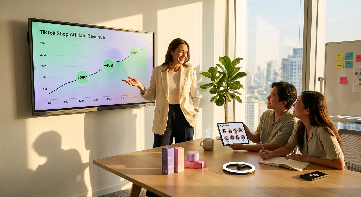 Brand manager confidently presenting TikTok Shop market statistics and growth projections on a large screen.