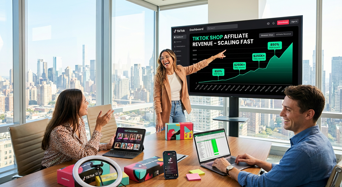 Brand founder confidently presenting TikTok Shop affiliate revenue growth chart to excited team members