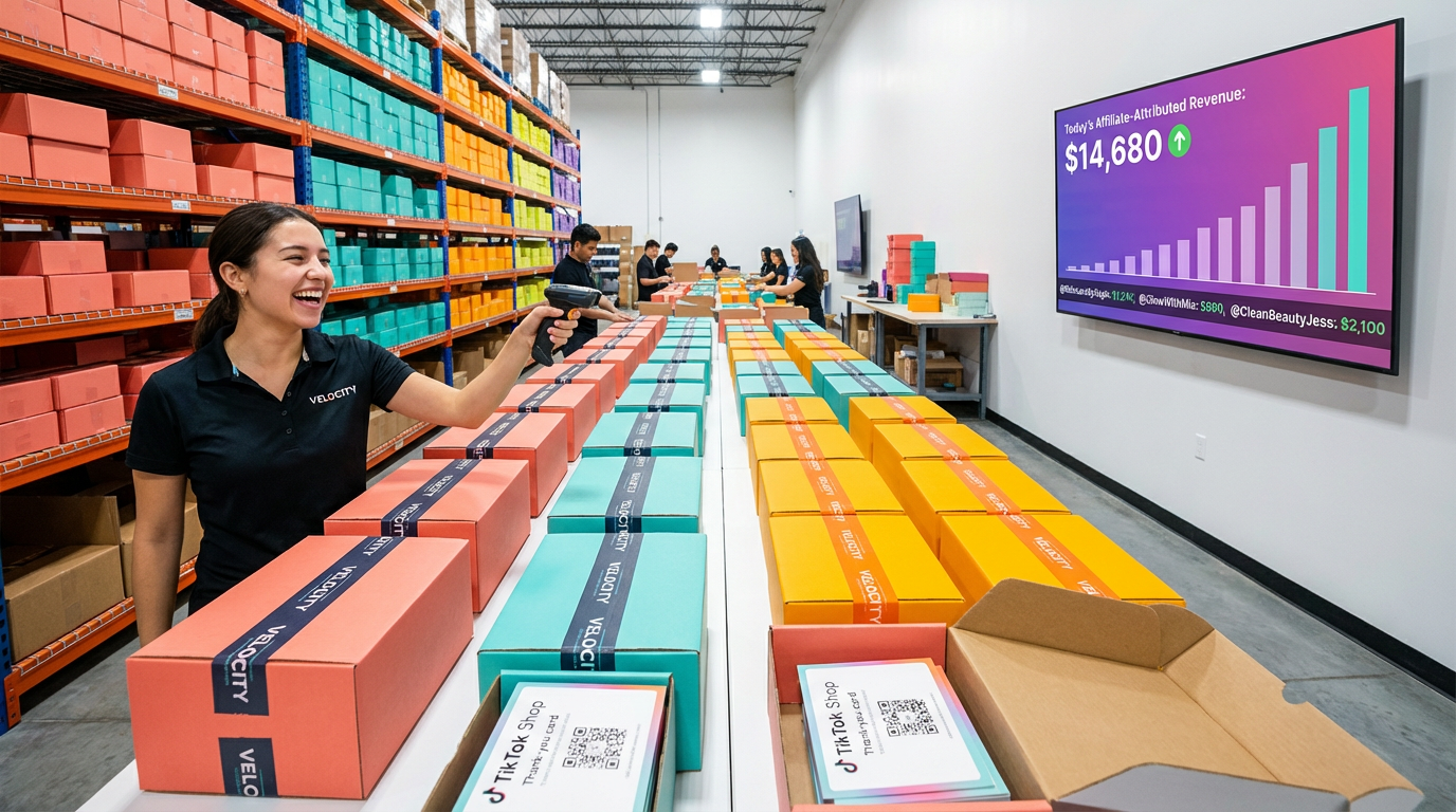 Organized TikTok Shop warehouse fulfillment scene with branded packages and real-time affiliate sales tracking dashboard on screen