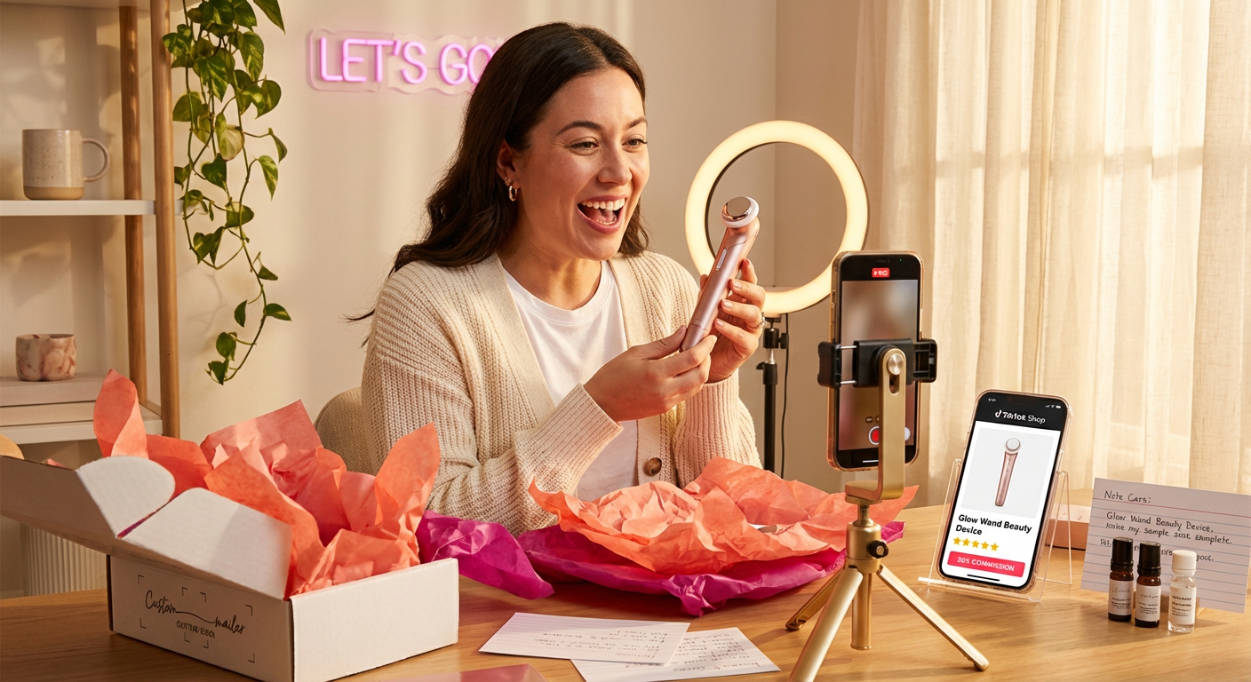 TikTok creator excitedly unboxing branded product seeding package in ring-lit studio with affiliate earnings dashboard visible
