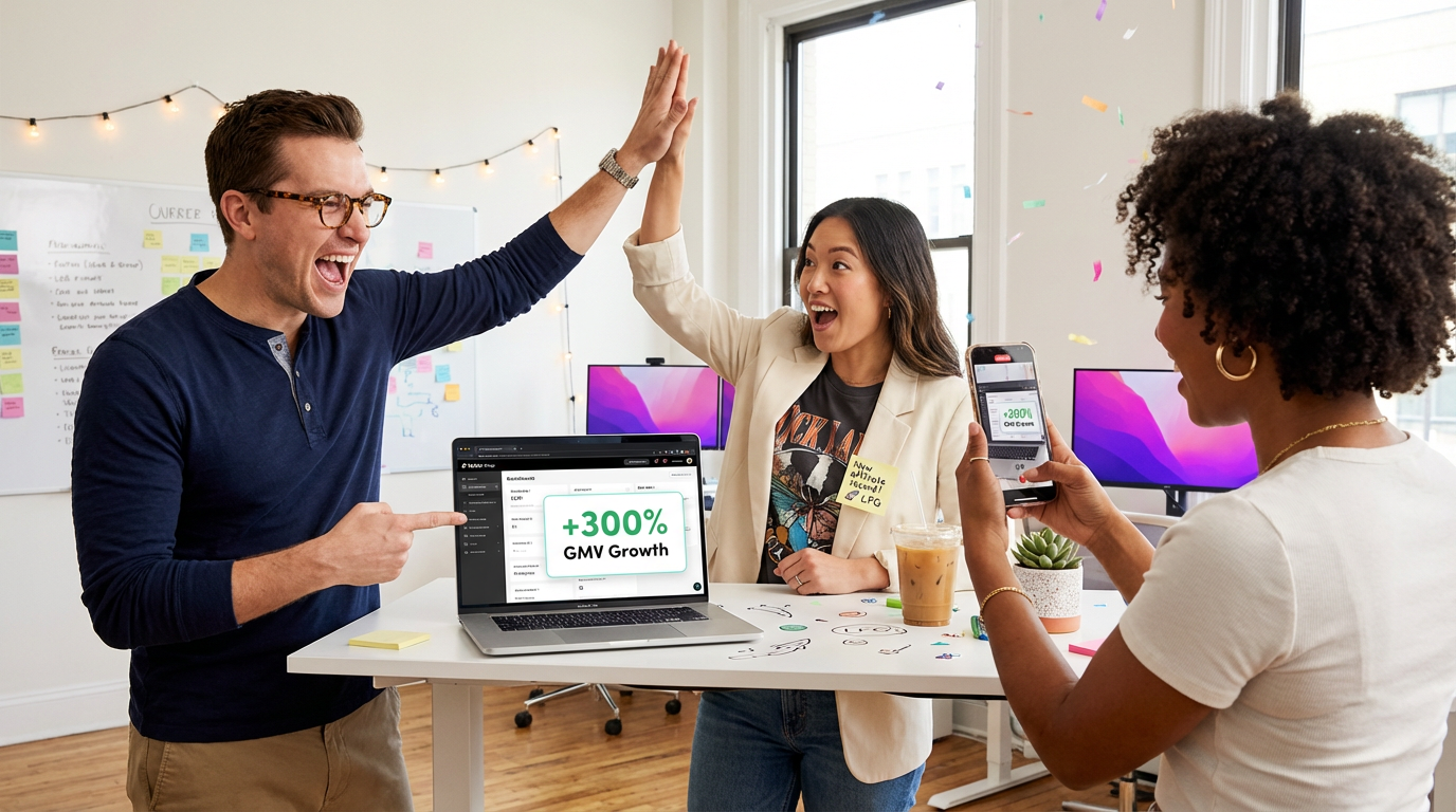 TikTok Shop brand team celebrating 300% affiliate GMV growth around laptop showing analytics dashboard