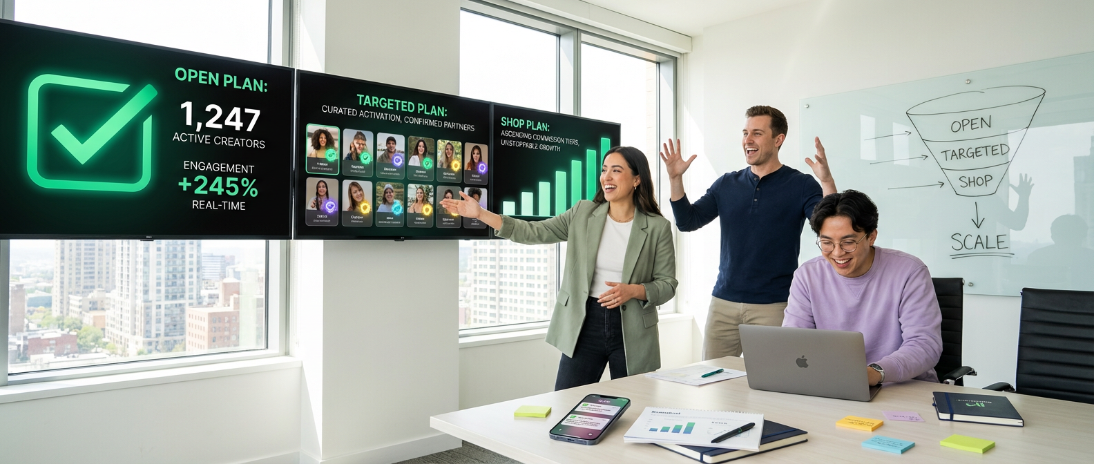TikTok Shop brand team reviewing Open Plan, Targeted Plan, and Shop Plan affiliate strategies on multiple screens in war room