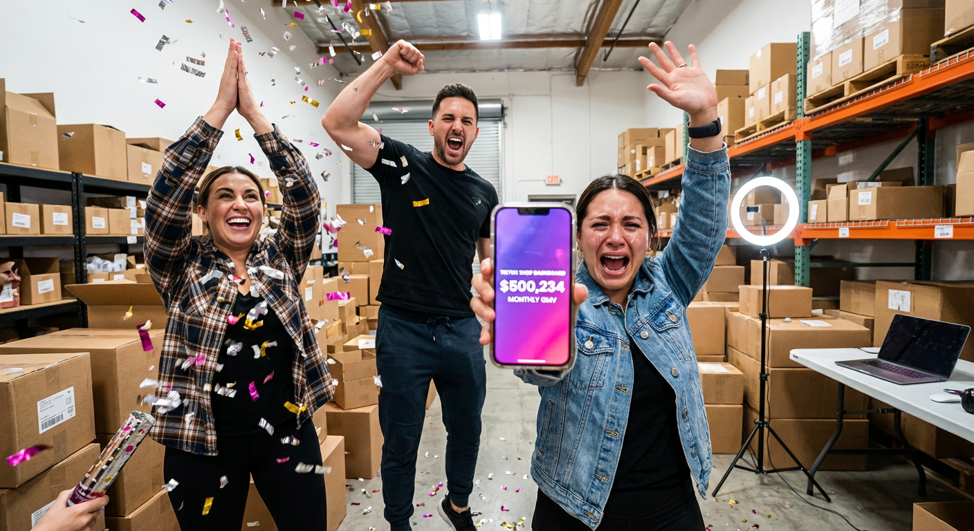 E-commerce team celebrating reaching 500K monthly GMV milestone on TikTok Shop