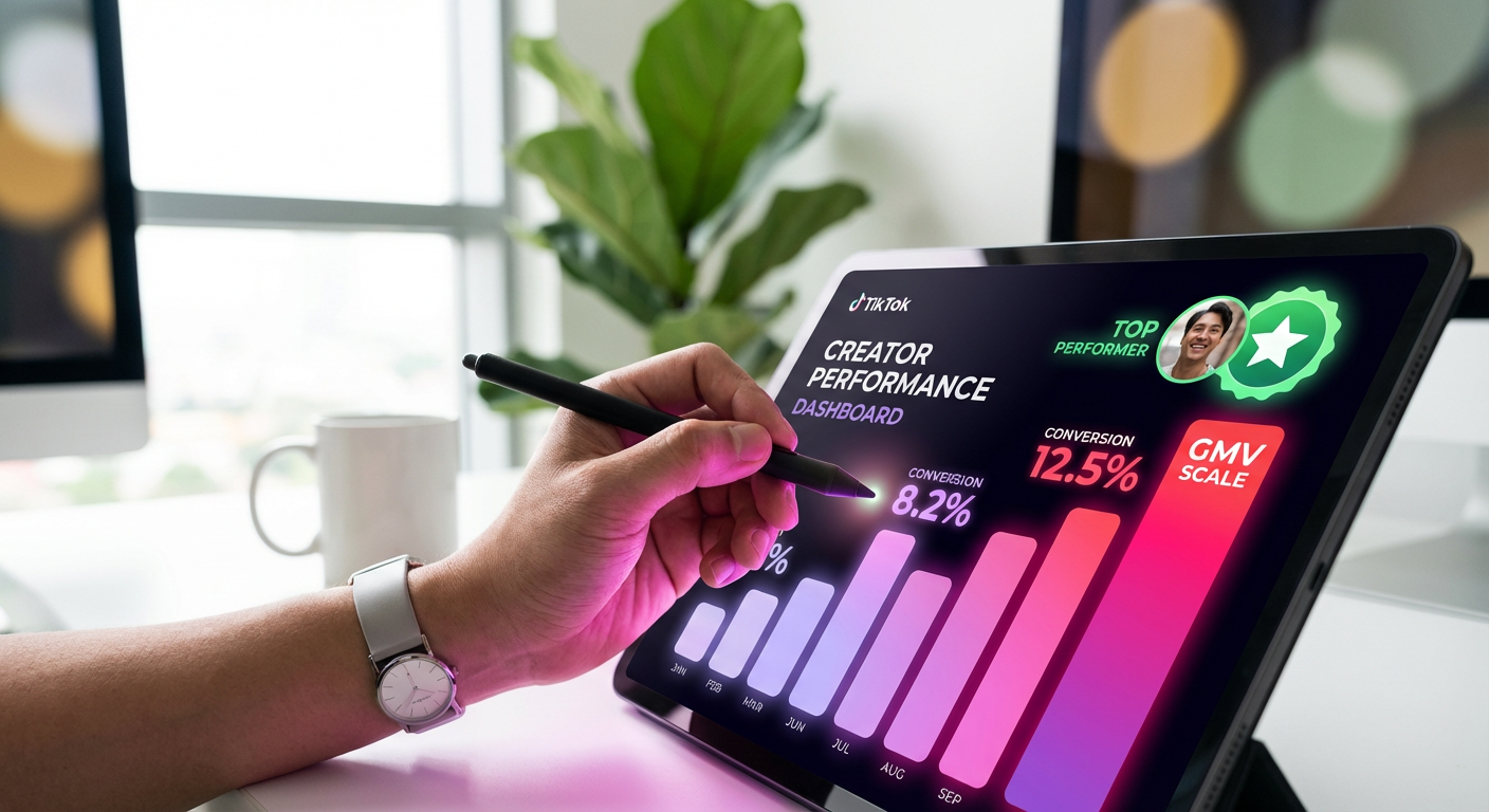 TikTok Shop creator analytics dashboard showing high engagement and purchase intent signals on a laptop screen