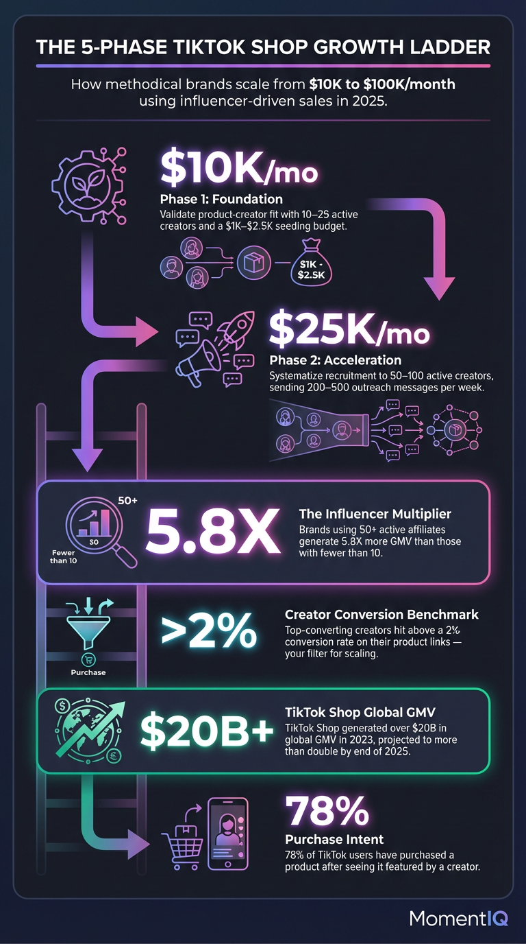 Infographic illustrating the scaling roadmap from $10K to $100K monthly TikTok Shop revenue with key milestones and
