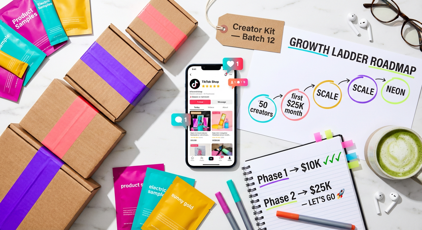 Flat lay of TikTok Shop growth strategy materials including phone with product listings, branded packaging, and a five-phase roadmap