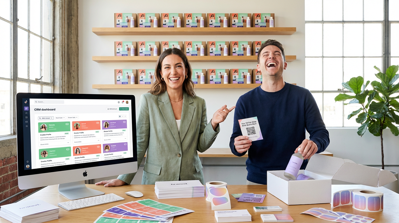 Organized TikTok Shop brand team assembling creator seeding kits and managing influencer outreach CRM in a bright modern workspace