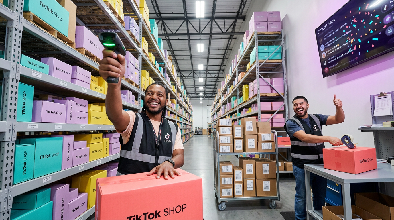 Organized TikTok Shop fulfillment warehouse with branded packages and real-time order dashboard