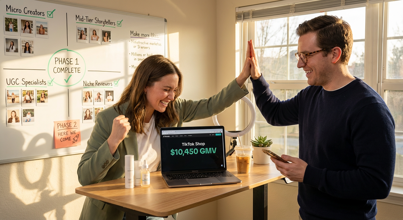 Two TikTok Shop brand founders celebrating hitting $10K monthly revenue milestone with sales dashboard and completed growth strategy whiteboard