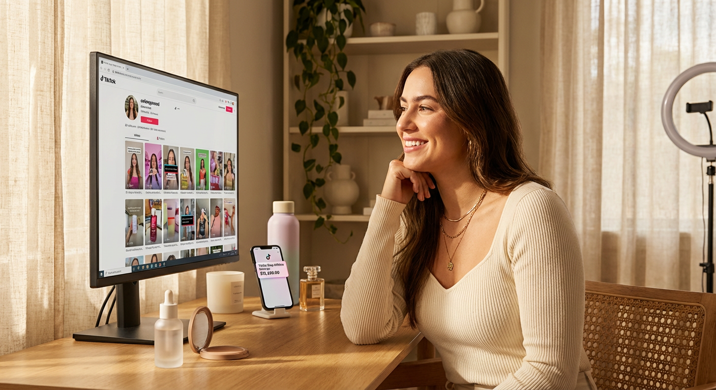 Confident TikTok Shop creator reviewing her portfolio of successful branded product content on monitor