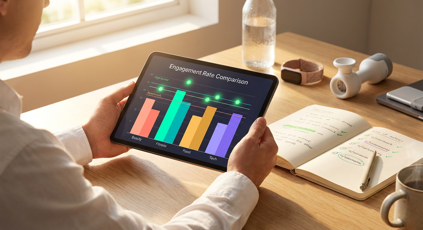 Tablet displaying TikTok Shop creator engagement rate benchmarks by niche with color-coded data visualization