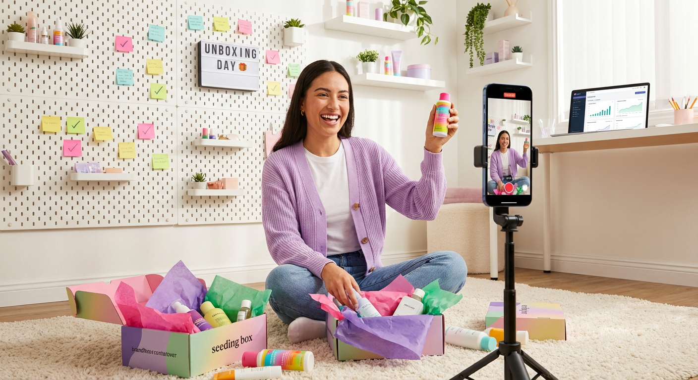 TikTok creator excitedly unboxing product seeding package in ring-lit studio with affiliate earnings dashboard visible on laptop