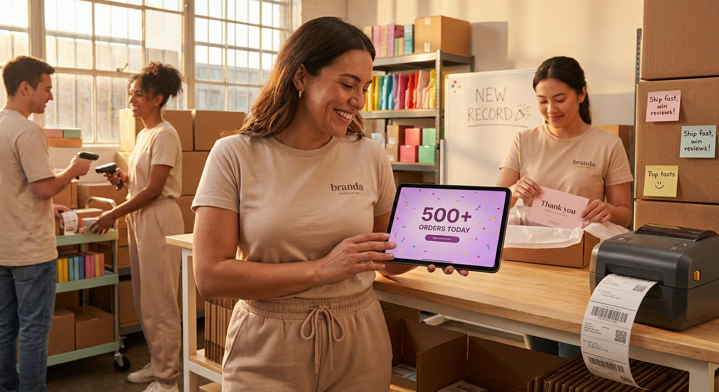 Organized TikTok Shop fulfillment team packing branded orders with sales dashboard showing order surge in background