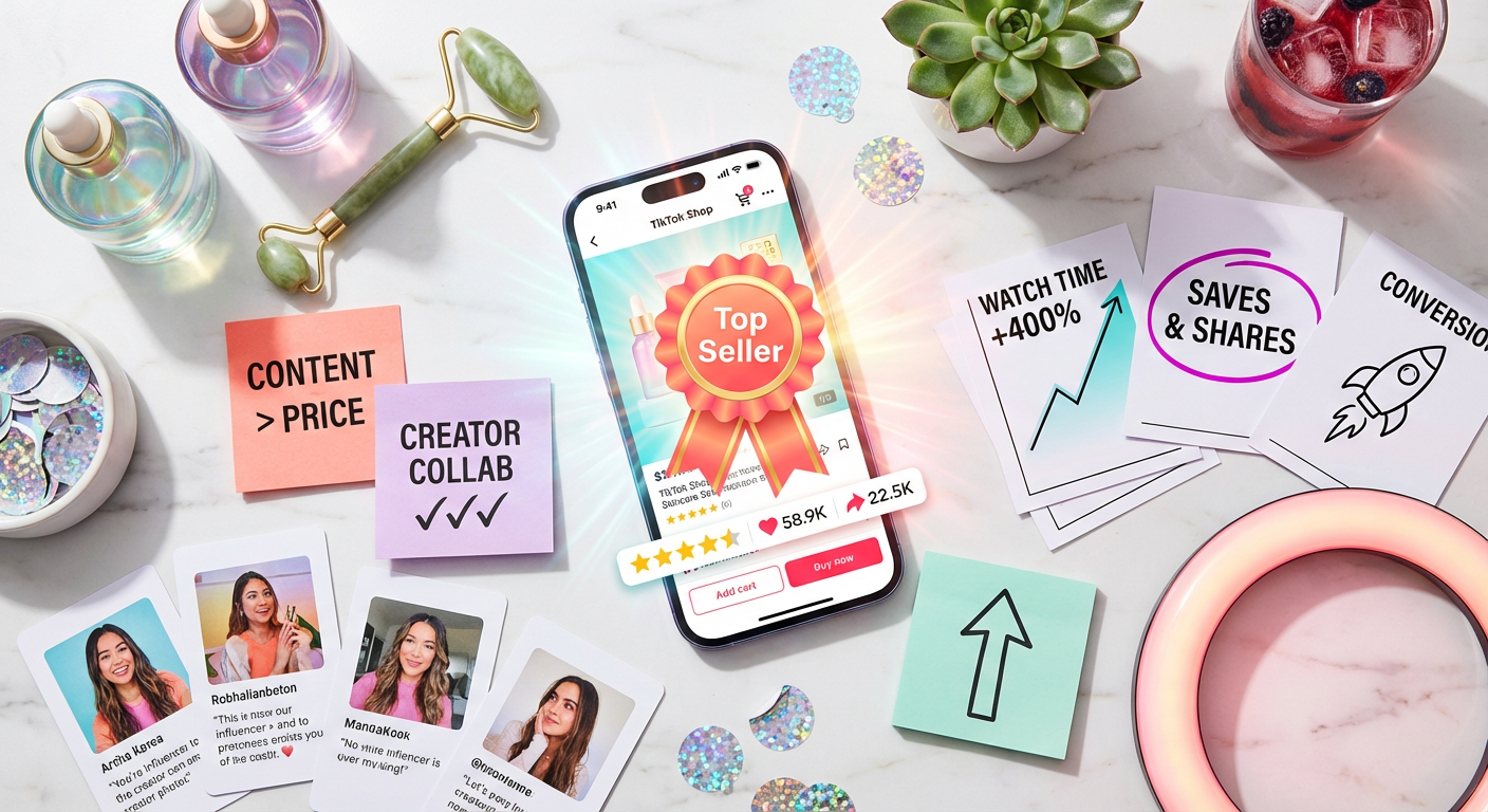 Flat lay showcasing TikTok Shop buy box factors including content engagement metrics and product samples