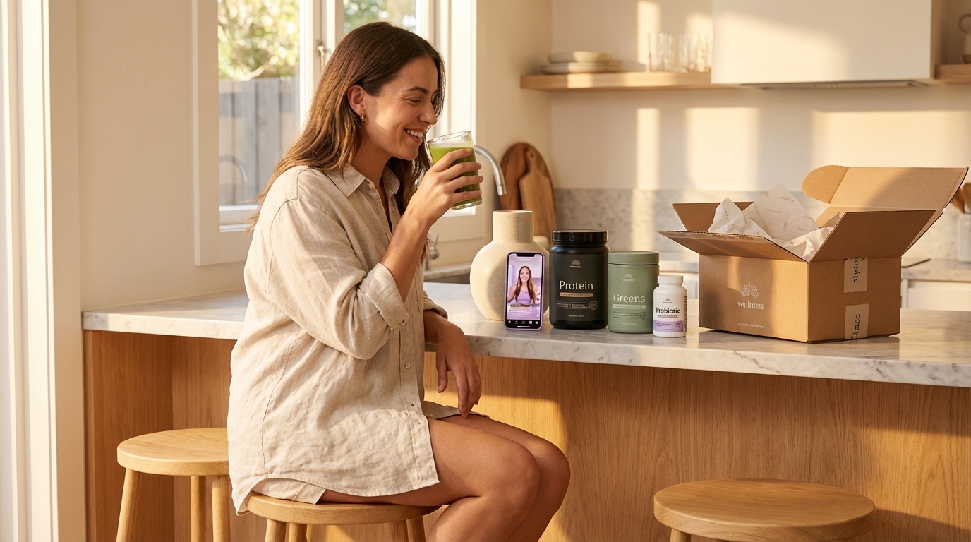 Consumer enjoying morning wellness routine with TikTok Shop discovered supplements playing creator recommendation video on phone