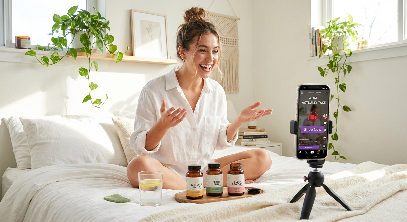 Micro-creator enthusiastically filming a supplement stack routine video for TikTok Shop with ring light and product links visible