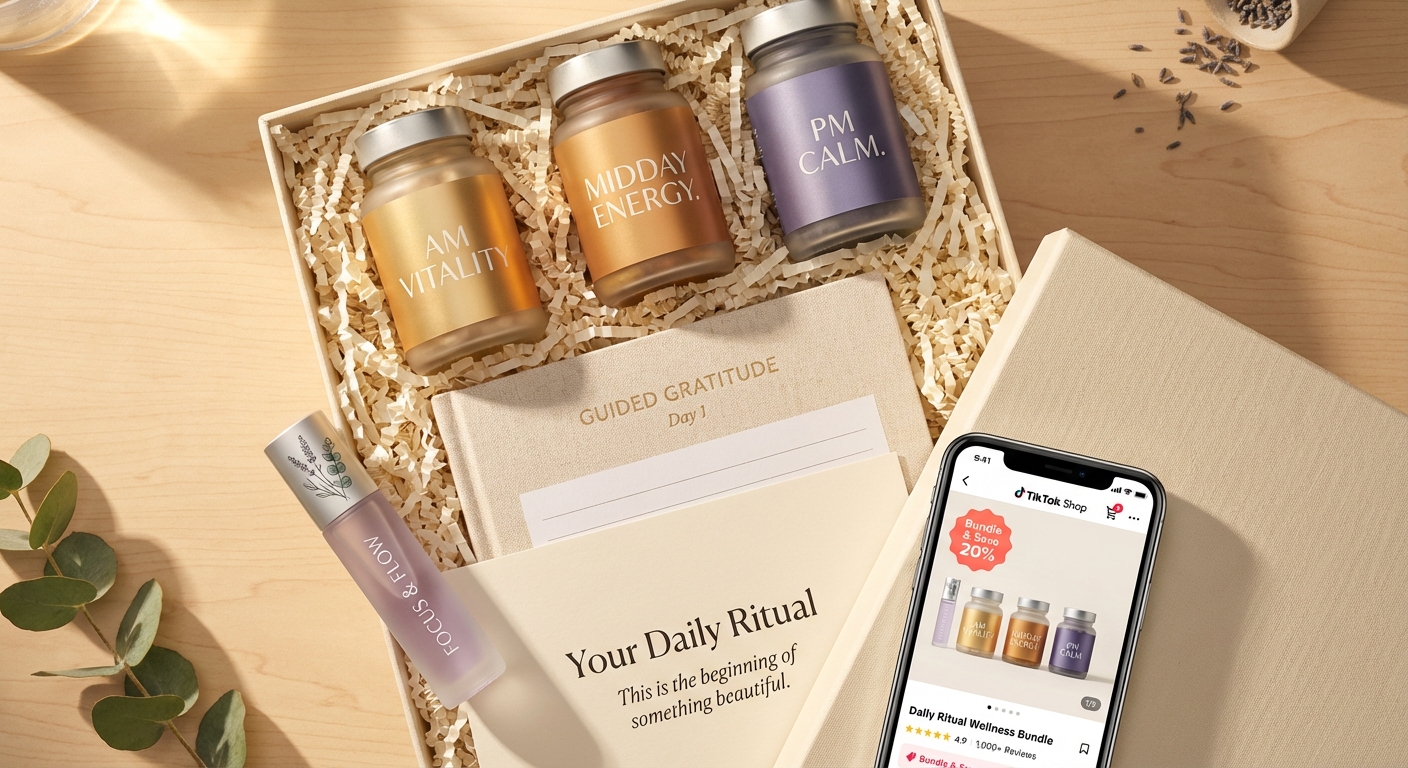 Premium wellness routine bundle flat lay with supplements journal and aromatherapy next to TikTok Shop listing showing bundle discount and high ratings