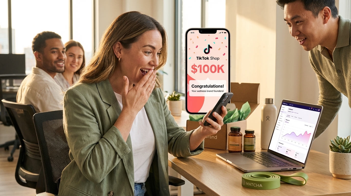 Wellness brand founder celebrating $100K TikTok Shop monthly sales milestone notification on phone in bright co-working space