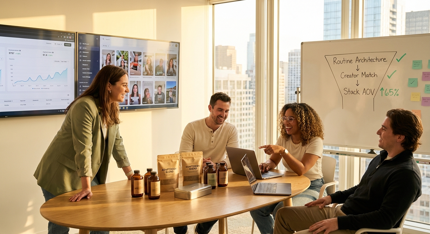 Wellness brand strategy team planning TikTok Shop creator campaigns in war room with growth analytics and whiteboards