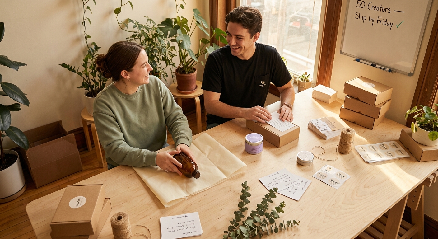 Wellness brand team assembling 50 TikTok Shop creator product seeding kits with personalized notes and branded packaging