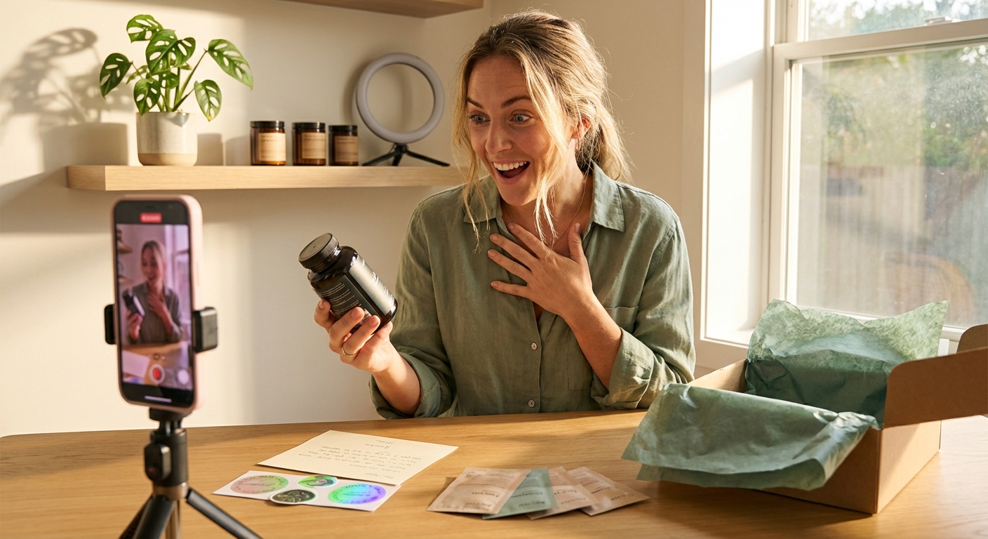 Wellness creator joyfully unboxing branded product seeding package while filming for TikTok Shop content