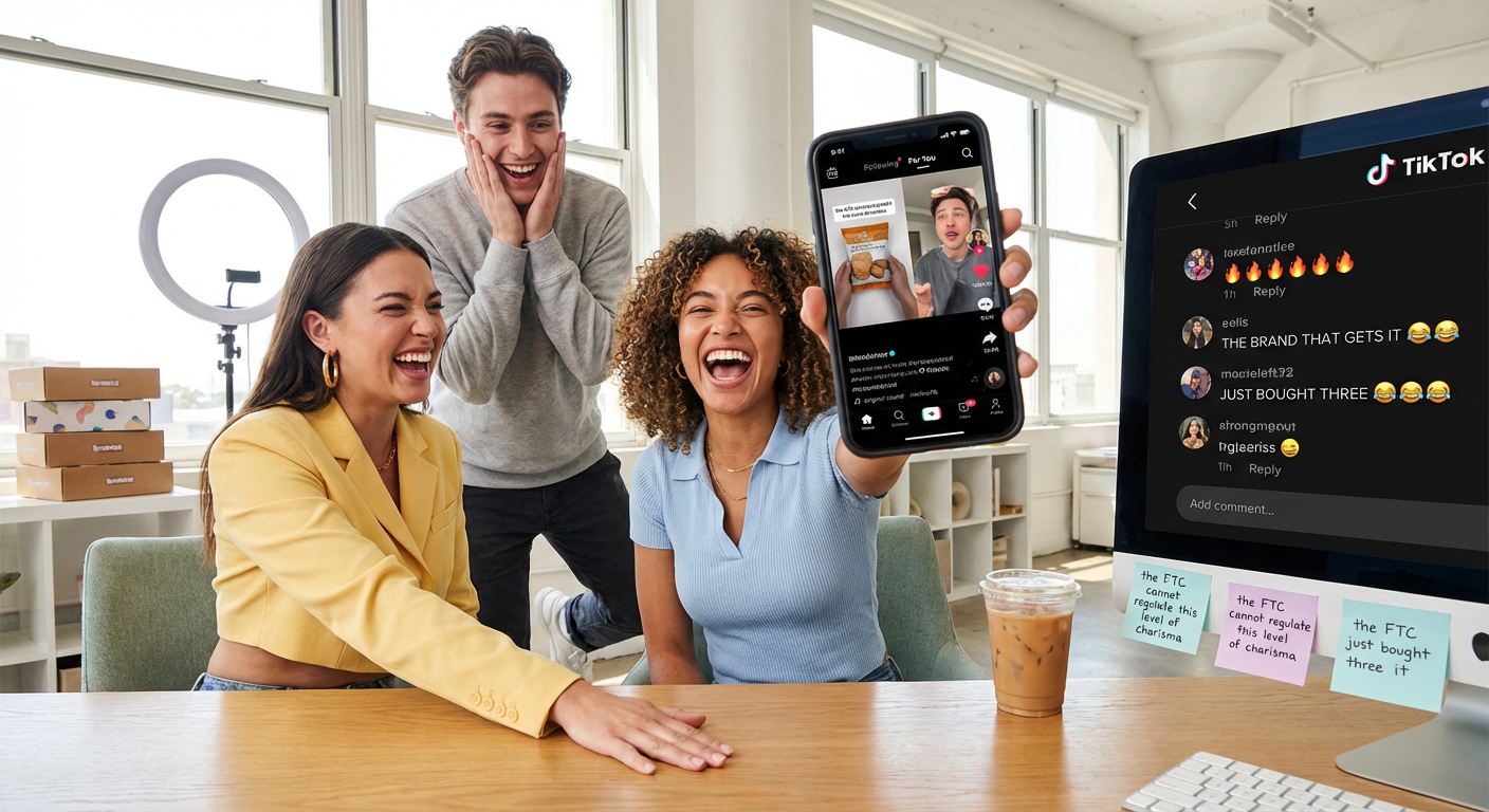 Brand marketing team laughing together while reviewing funny TikTok Shop creator content on phone