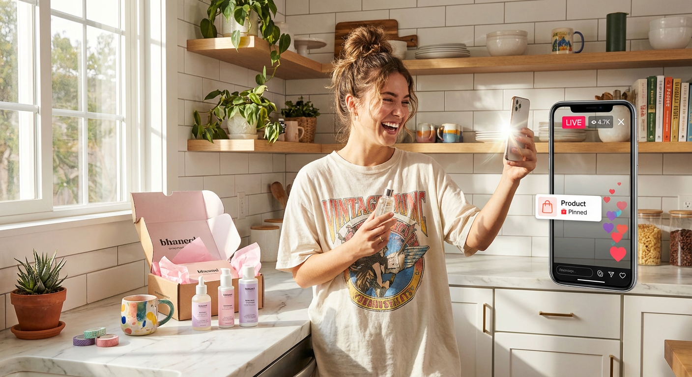 Creator filming authentic unfiltered TikTok Shop product review in natural kitchen light