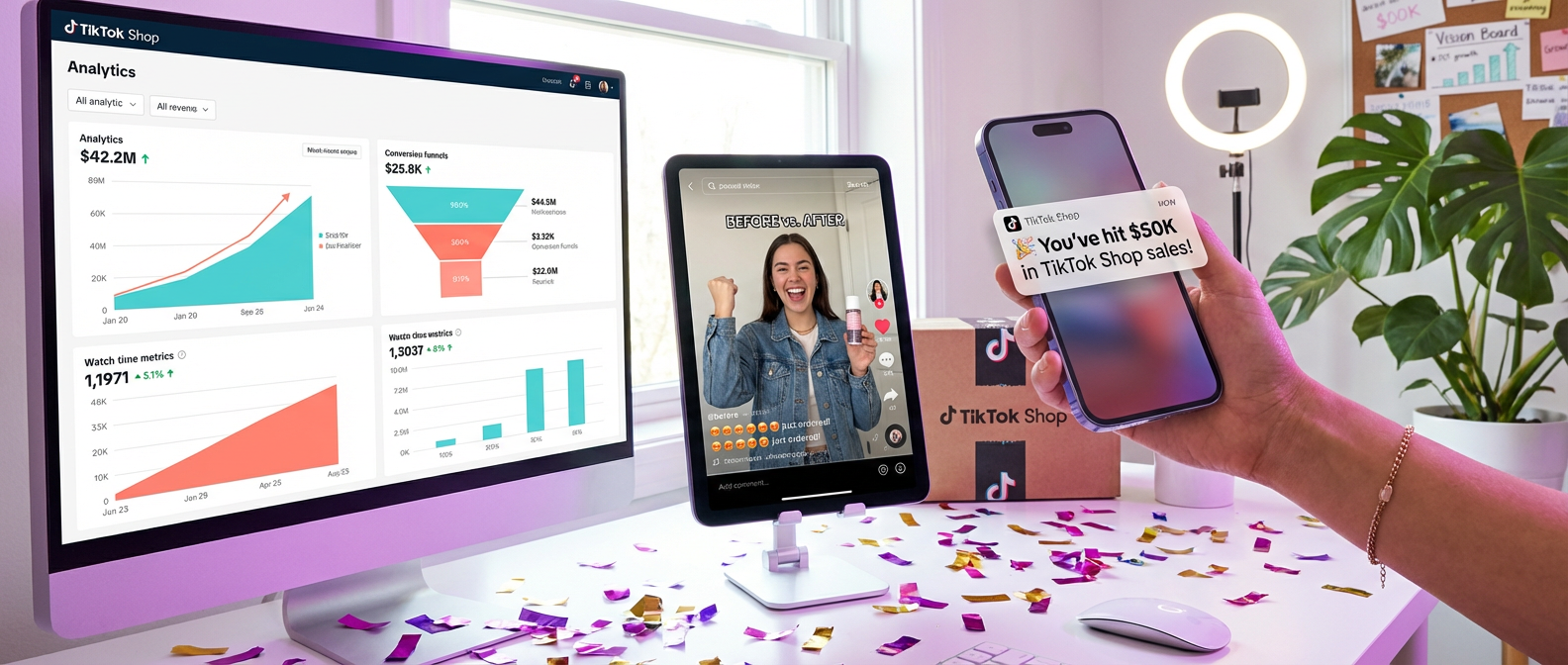 TikTok Shop analytics dashboard showing upward sales trends alongside creator video with milestone notification
