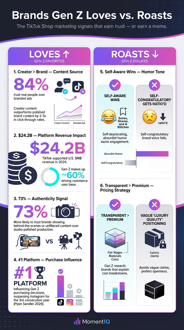 Infographic comparing TikTok Shop marketing strategies that Gen Z loves versus roasts, featuring key stats: 84% trust creators over brands, $24.2B platform revenue, 73% prefer unfiltered content, and TikTok as the number one platform for Gen Z purchase decisions