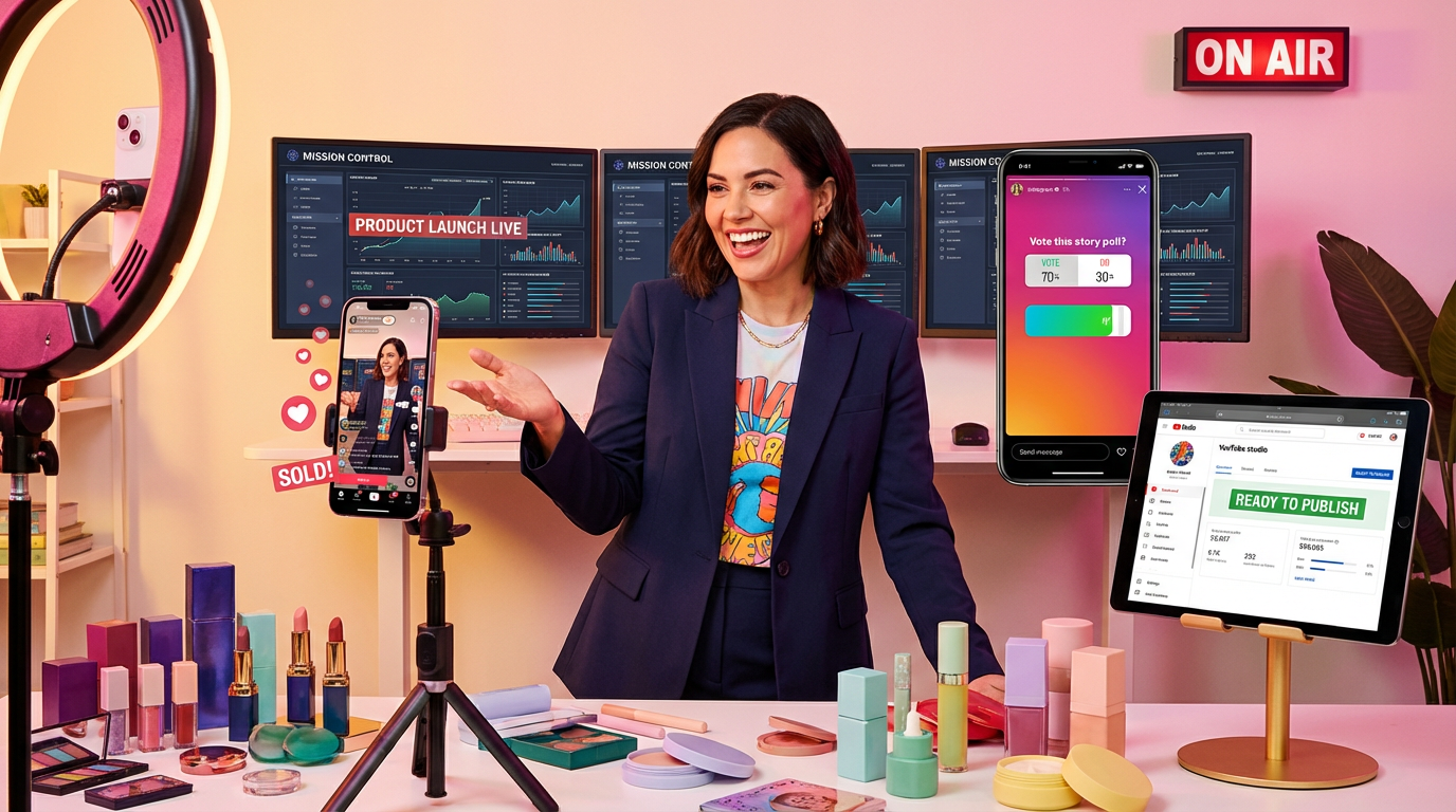 Creator hosting energetic TikTok Shop LIVE session with heart emojis and sold notifications