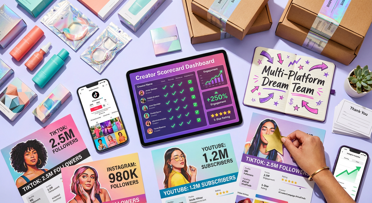 Flat lay of TikTok Shop creator evaluation scorecard with product samples and multi-platform creator profiles
