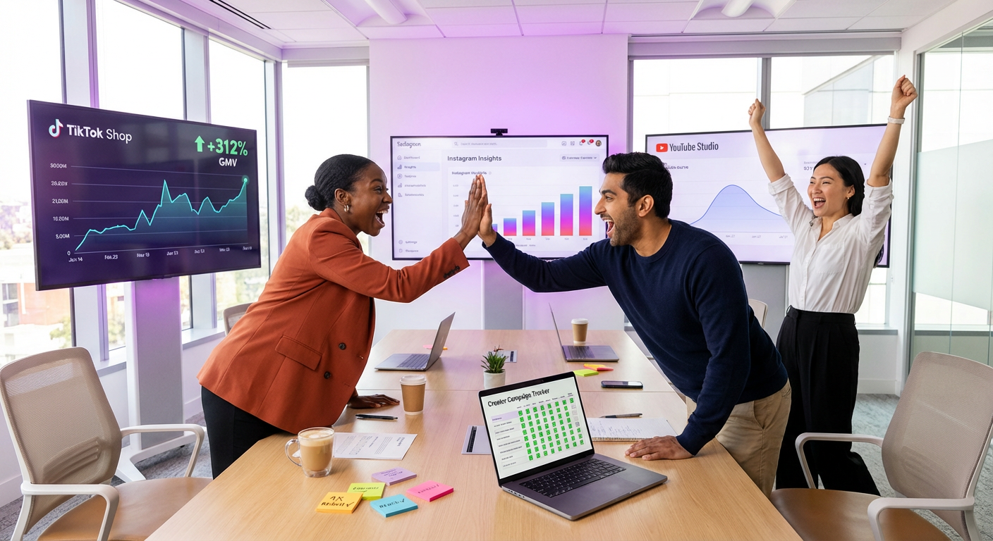 Marketing team celebrating successful TikTok Shop multi-platform influencer campaign results with analytics on screens