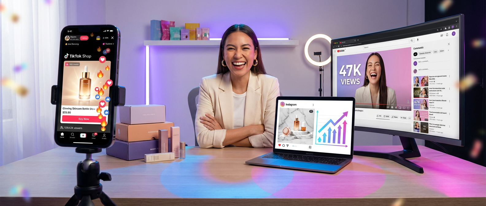 Creator confidently managing TikTok Shop live stream Instagram and YouTube content across multiple screens