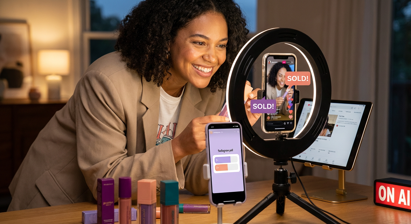 Creator studio setup with TikTok Shop live stream Instagram Story and YouTube video ready for multi-platform product promotion