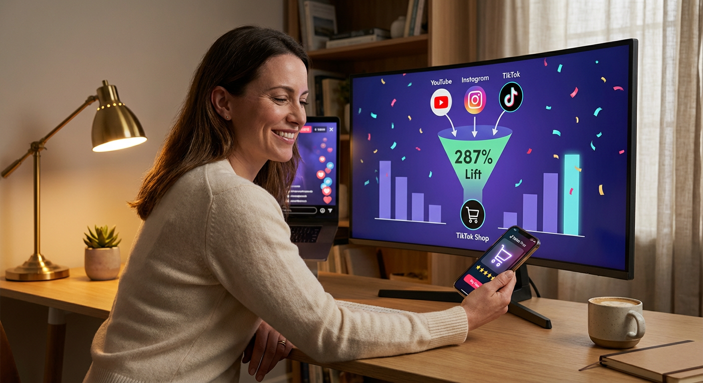 TikTok Shop conversion dashboard showing 287 percent cross-channel halo effect with upward trending sales data