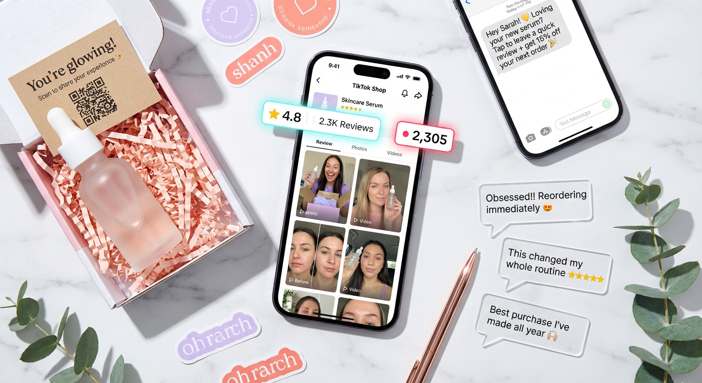 Flat lay of TikTok Shop product with glowing five-star reviews on phone screen alongside branded packaging and review request notifications