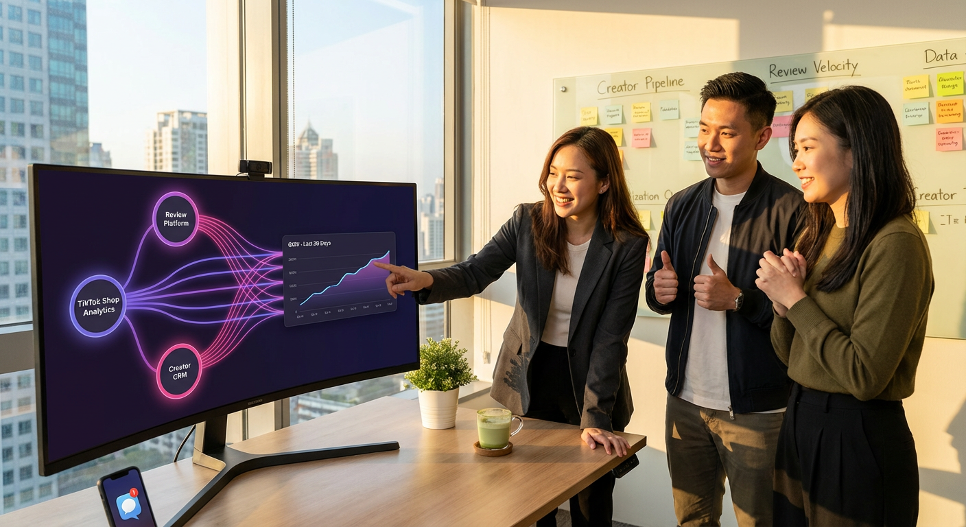 TikTok Shop brand team confidently reviewing connected social commerce analytics dashboard in a modern war room