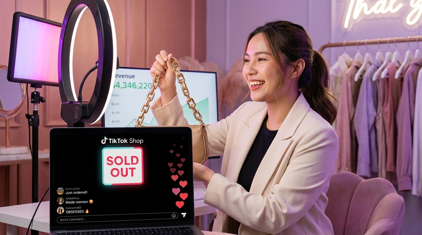 Energetic TikTok Shop live stream host celebrating sold-out product with chat flooding heart emojis