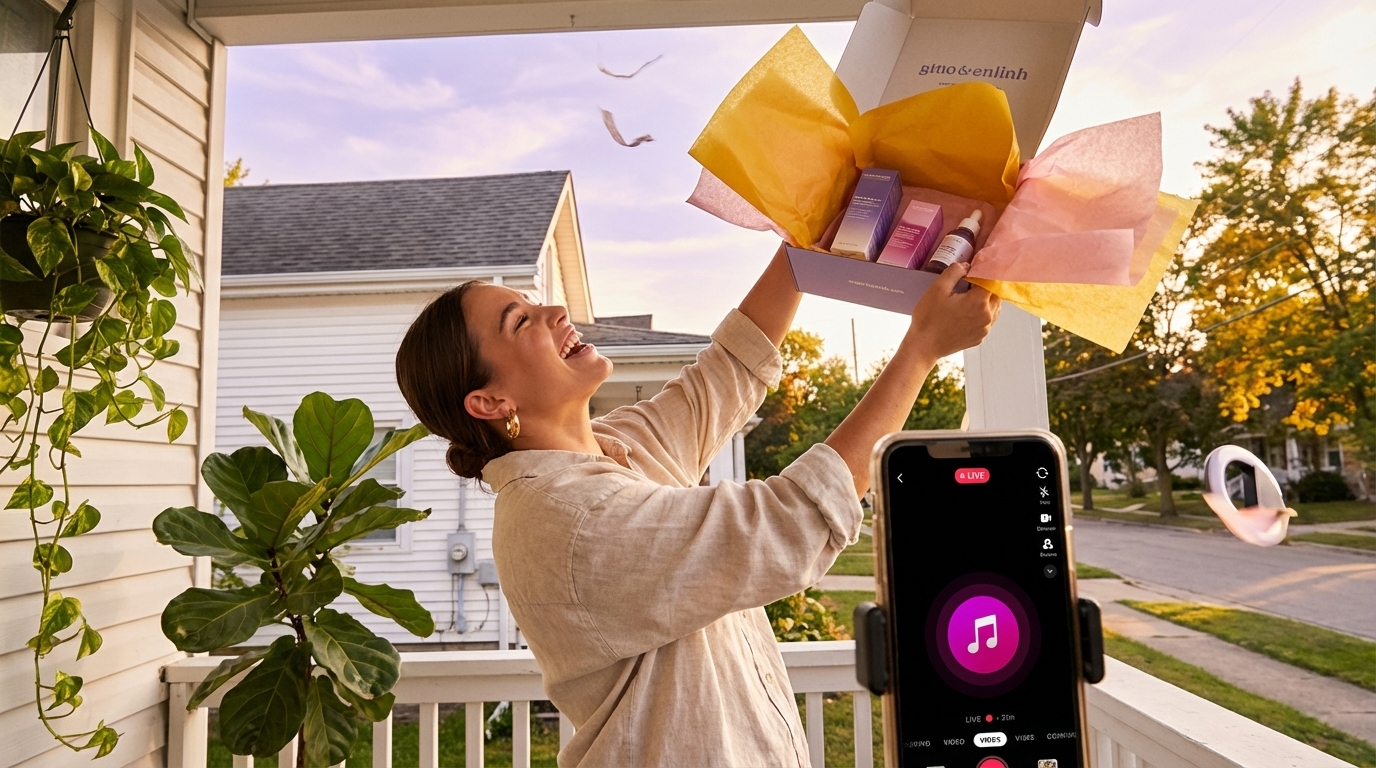 Excited TikTok Shop creator opening branded product seeding package with phone recording unboxing moment