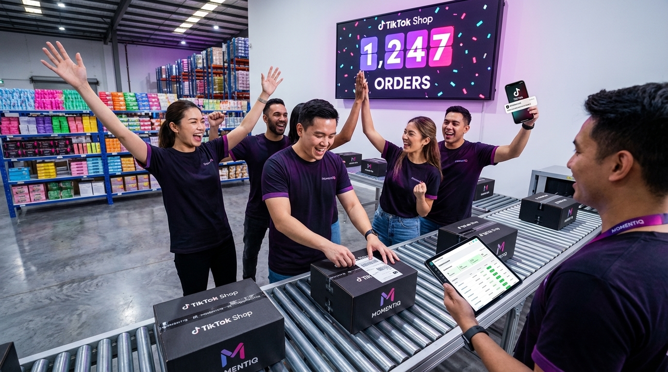 High-energy TikTok Shop warehouse team celebrating over 1000 orders shipped with organized colorful inventory